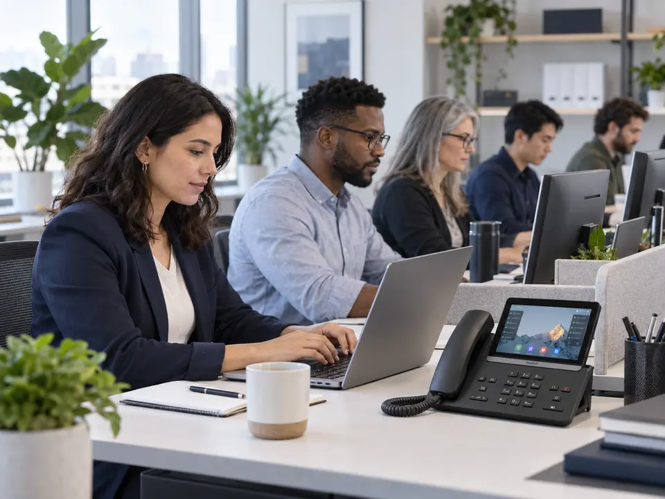 Diverse employees working alongside one another in a connected workspace
