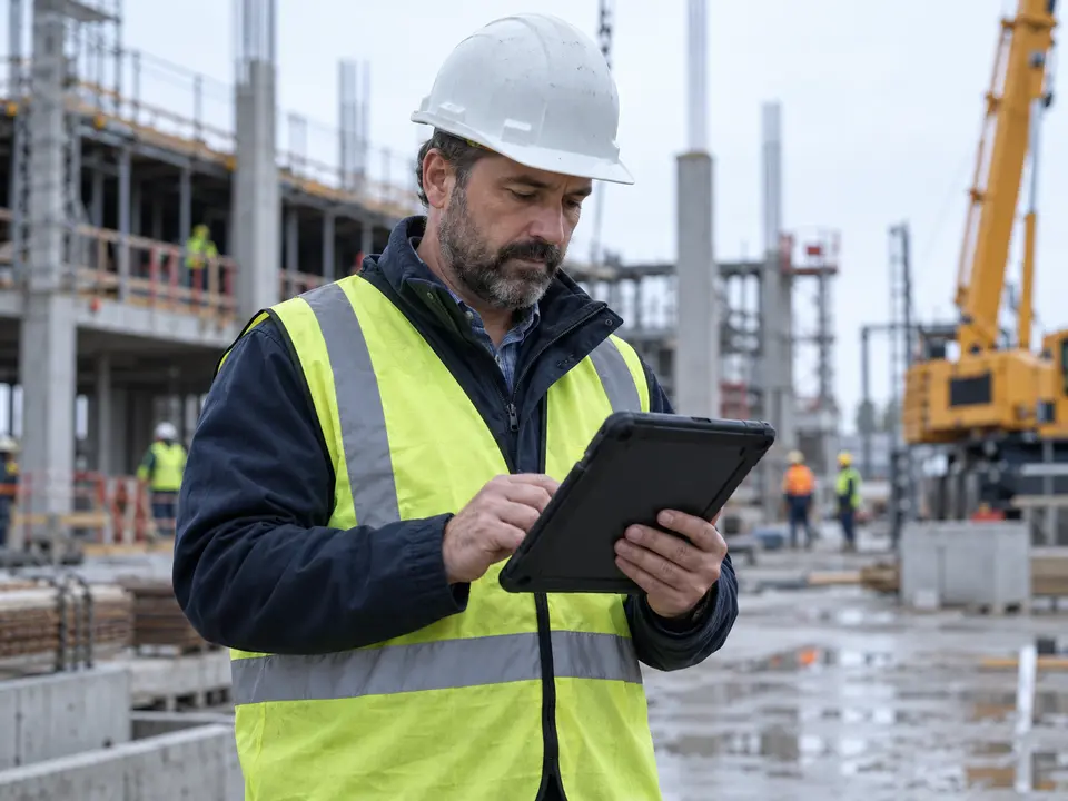 Construction manager coordinating work from a job site