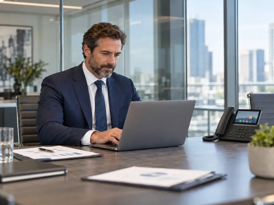Professional working in a conference room with a touchscreen business phone