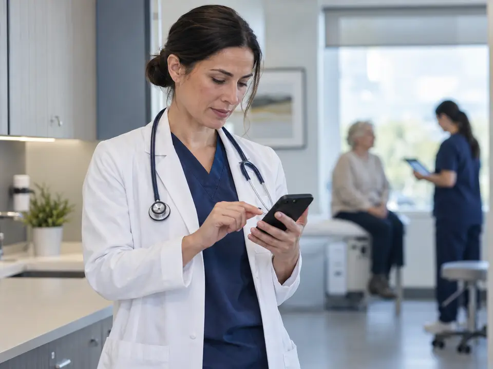 Physician using a smartphone in a modern clinic