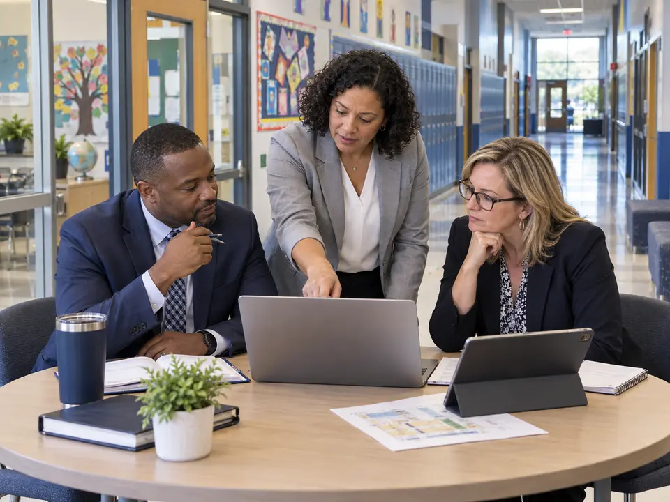 School leadership team collaborating around a laptop and tablet