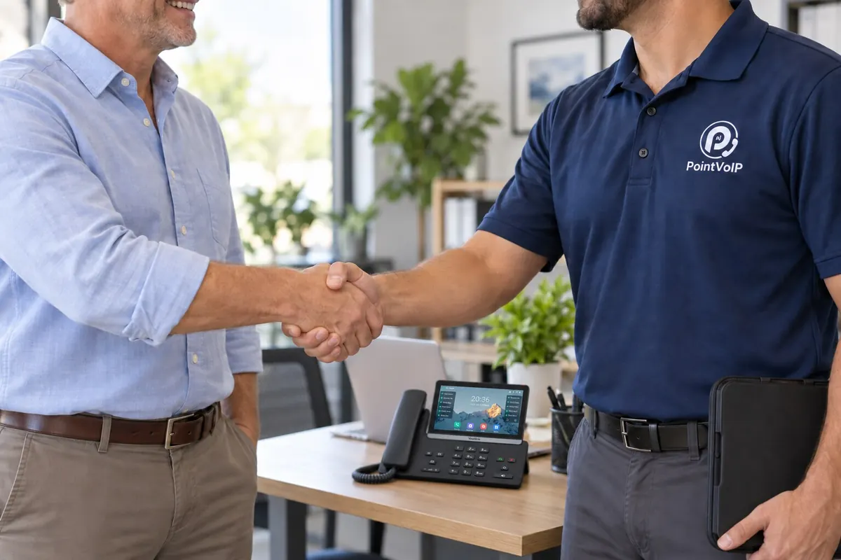 A communications technician and business client shaking hands after an on-site installation