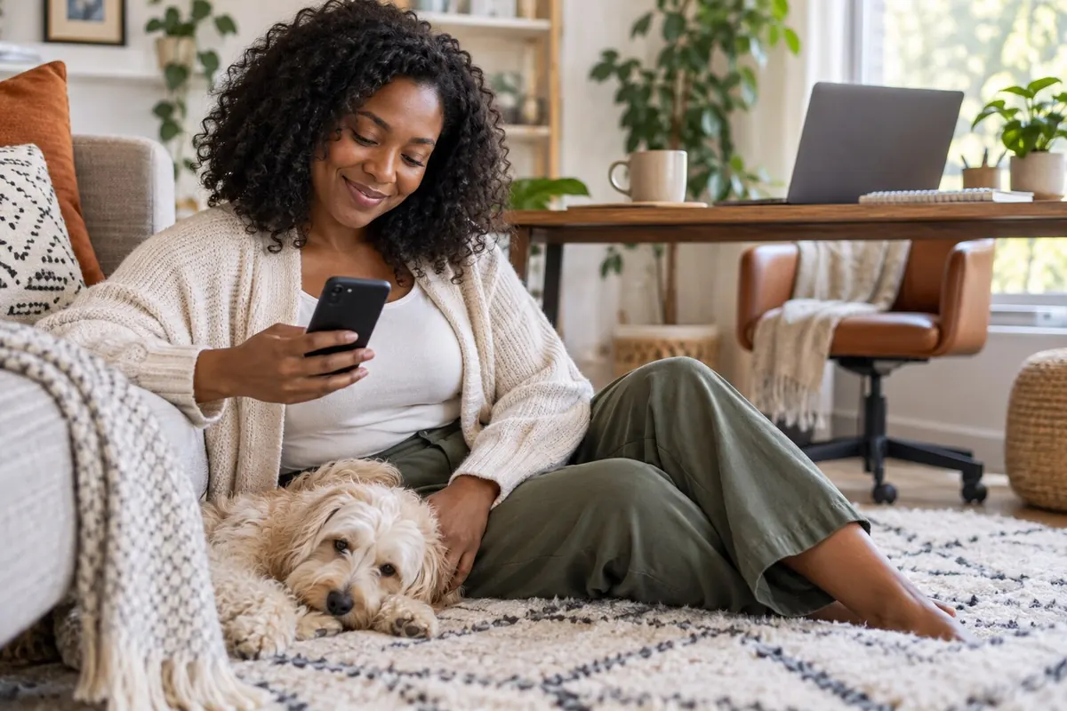 Employee smiling with her dog while checking her phone