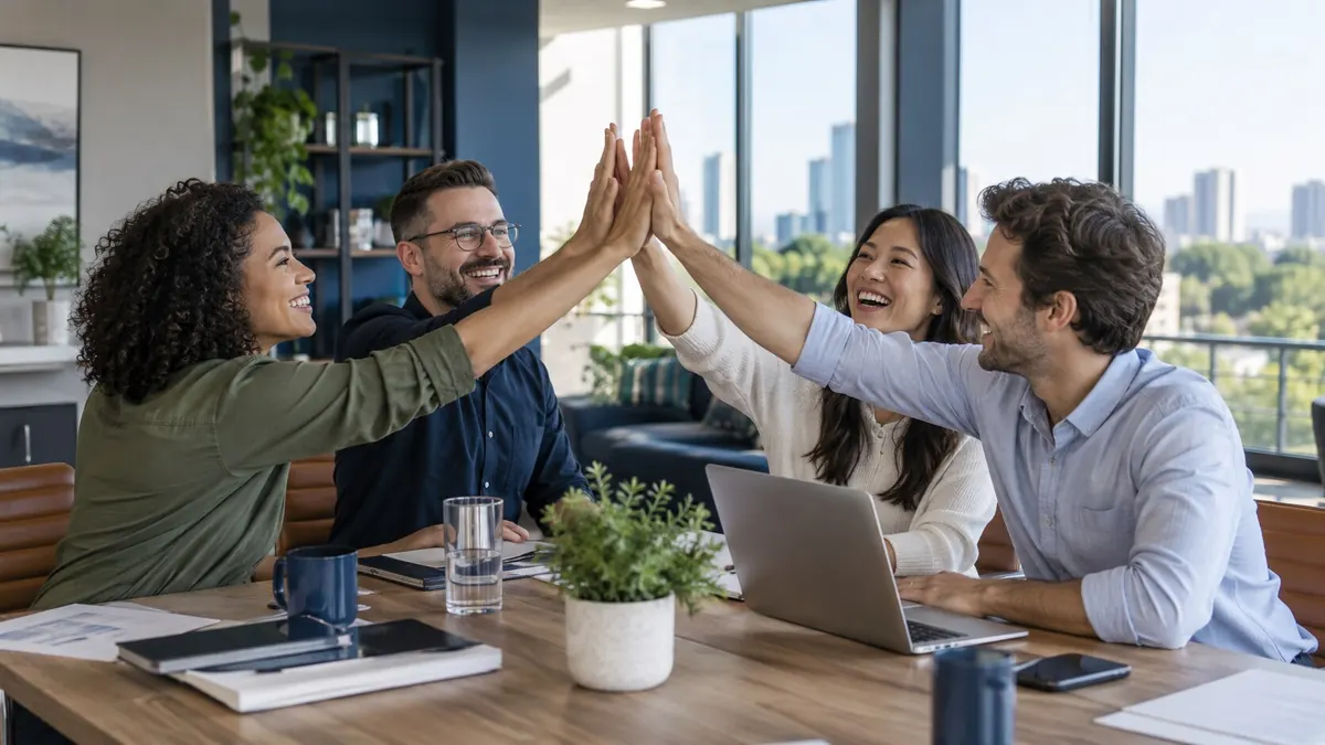 Coworkers celebrating with a high-five in a bright office