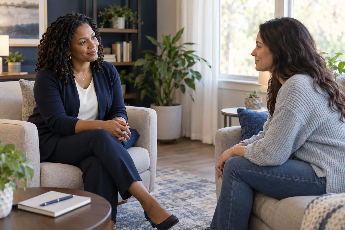 A therapist listening attentively to a patient during a conversation